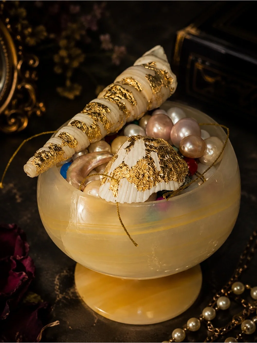 Gilded Drilled Shells and Precious Beads with Onyx Decorative Pedestal Bowl